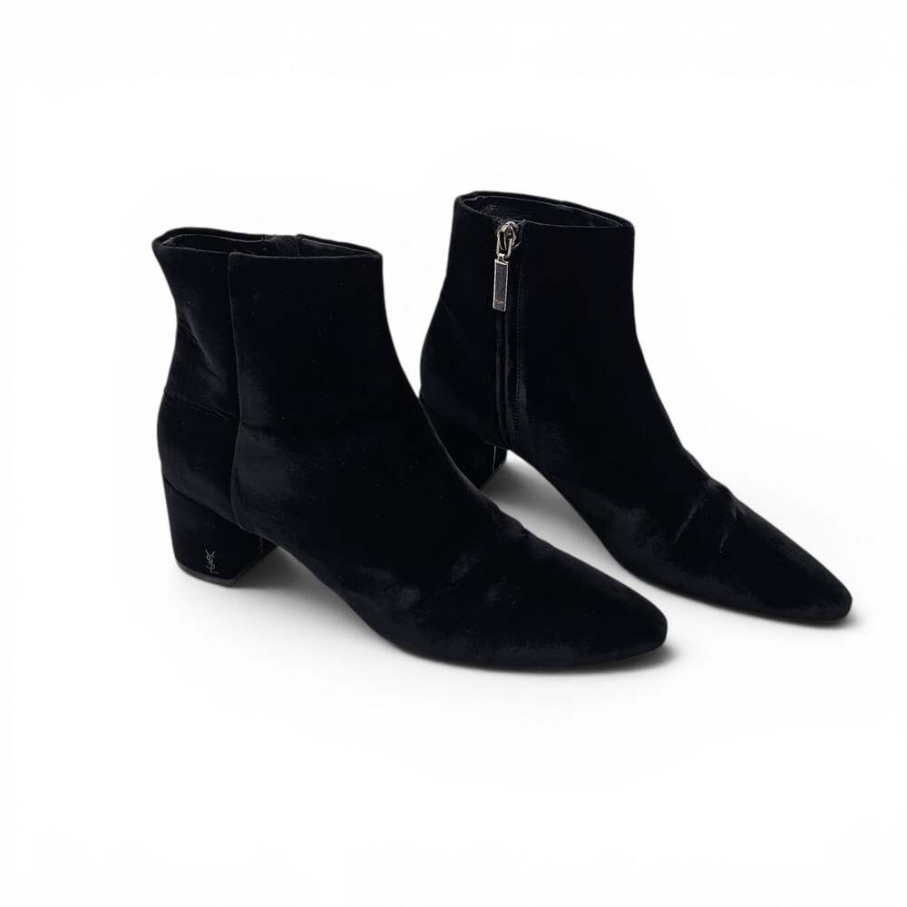 Saint Laurent YSL Logo Ankle Boot Black Velvet Block Heel Zip Up Size 39.5 9.5